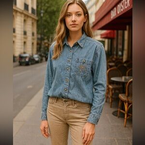 Vtg Christopher & Banks Womens Denim Shirt Turtle Embroidered Nautical Nature L